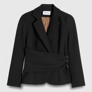 The Fold Collingham Blazer Jacket Black Wool Blend Wrap Front Size 16